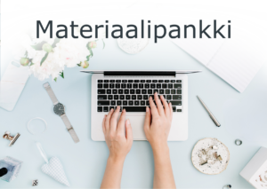 Ylhäältä kuvattu työpöytä, jossa henkilö kirjoittaa kannettavalla tietokoneella. Kuvan päällä teksti “Materiaalipankki”.