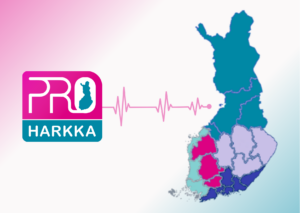 ProHarkka-logo ja sykeviivagraafi yhdistävät visuaalisesti Suomen karttaan.